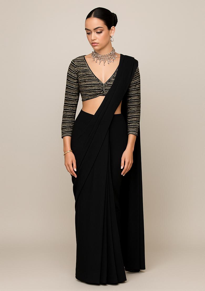 Black Embroidered Pre Draped Saree Set