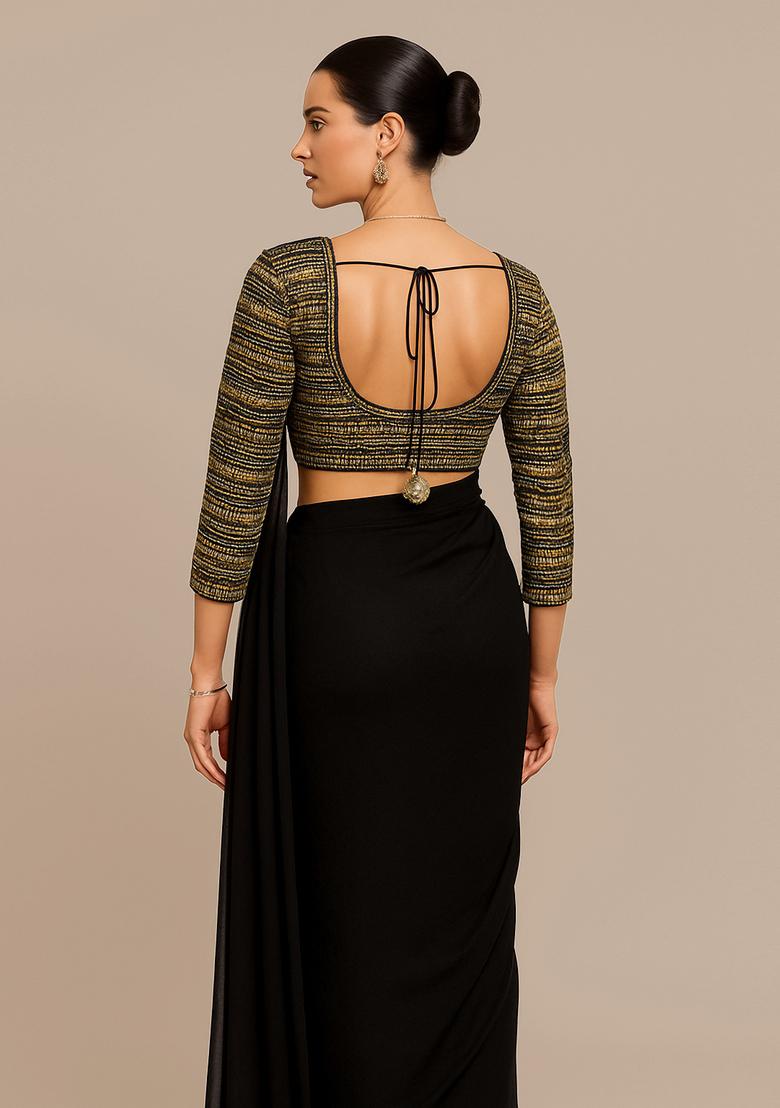 Black Embroidered Pre Draped Saree Set