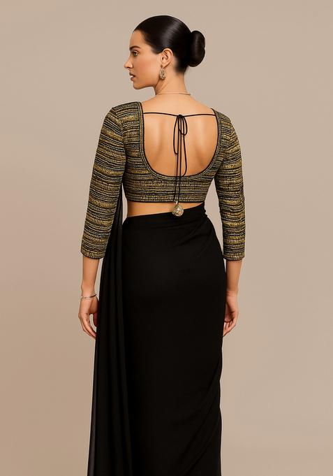 Black Embroidered Pre Draped Saree Set