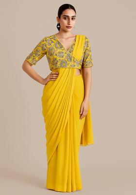 Yellow Embroidered Blouse Georgette Pre Draped Saree Set
