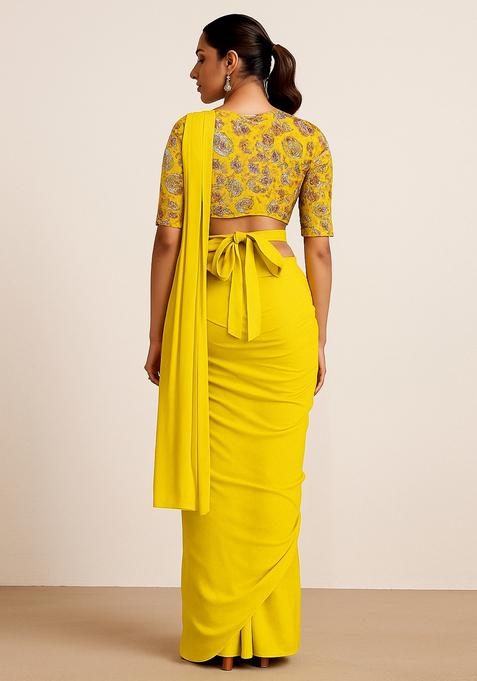 Yellow Embroidered Blouse Georgette Pre Draped Saree Set