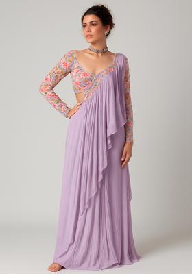 Lilac Embroidered Blouse Georgette Pre Draped Saree Set