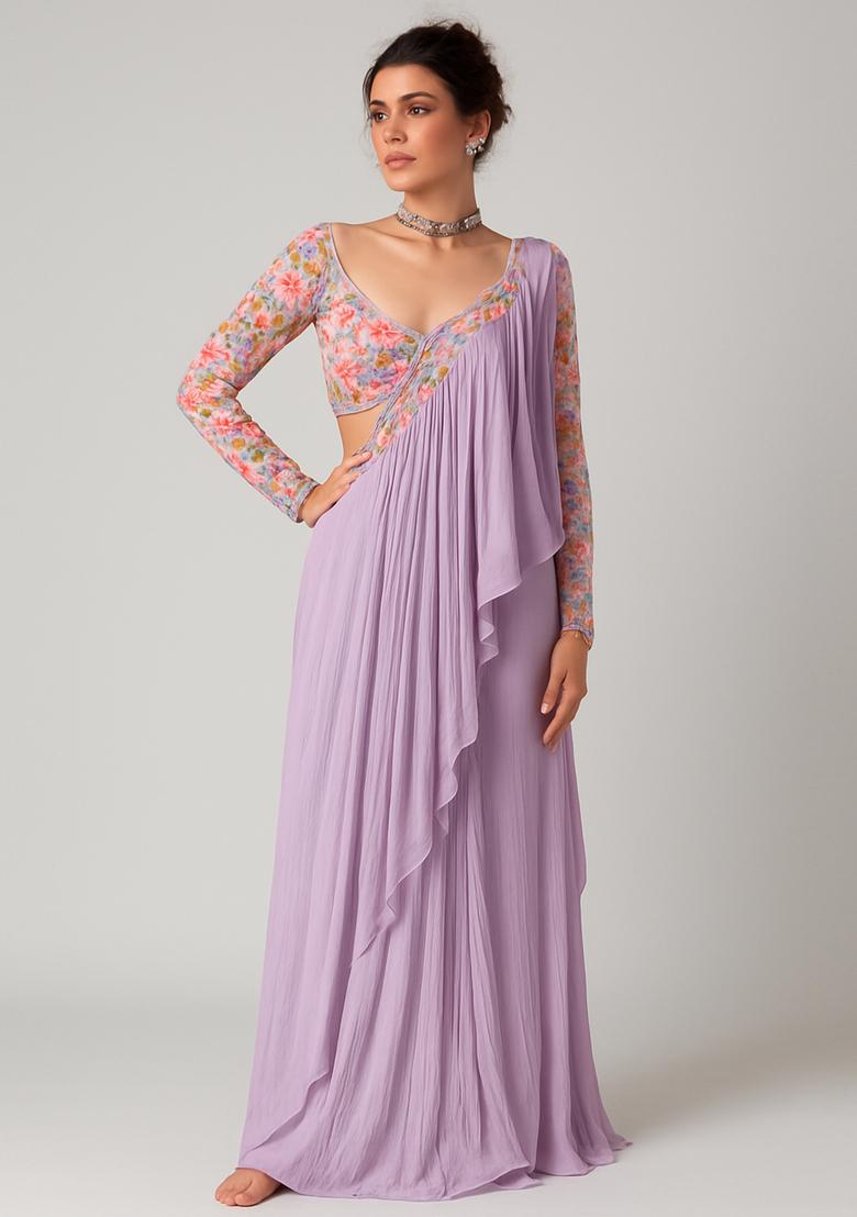 Lilac Embroidered Blouse Georgette Pre Draped Saree Set