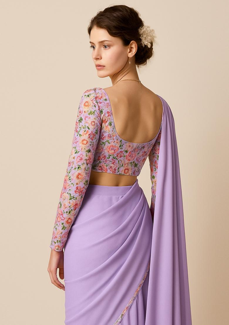 Lilac Embroidered Blouse Georgette Pre Draped Saree Set