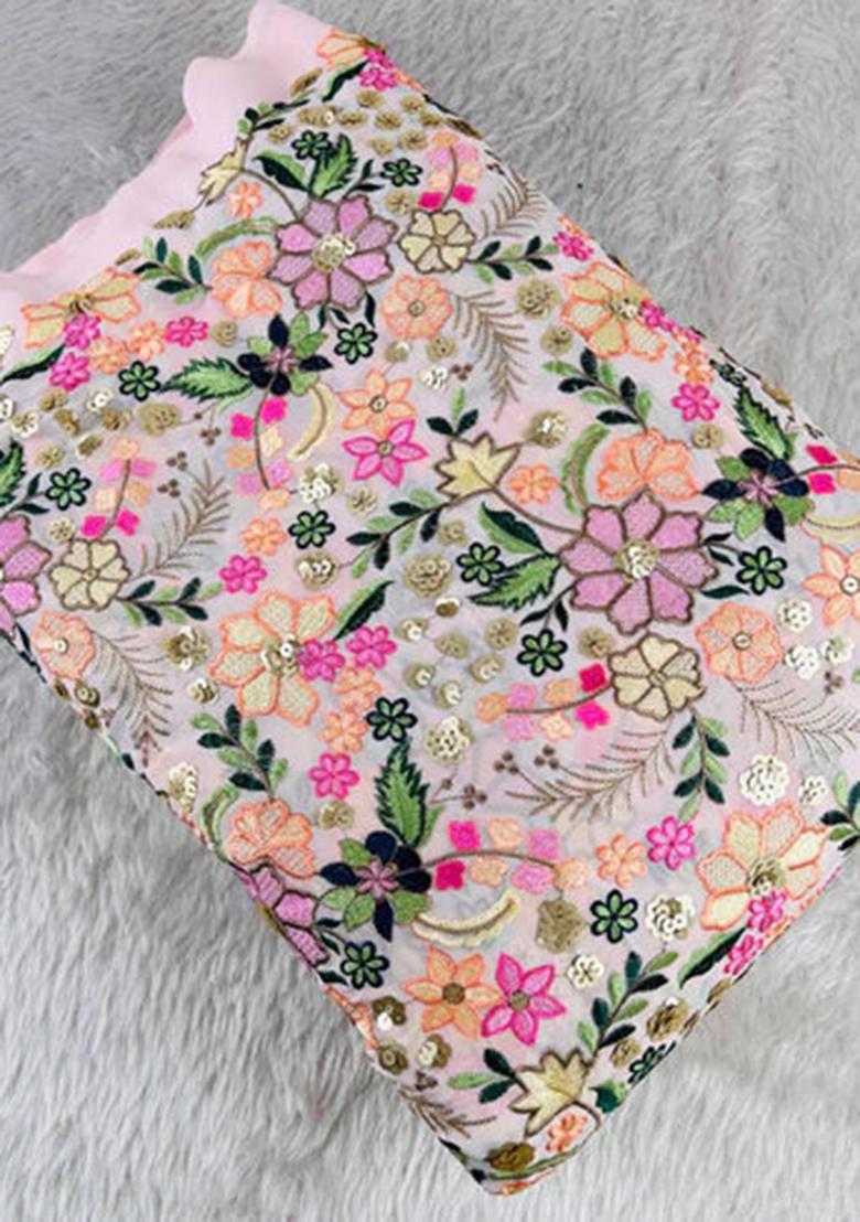 Lilac Embroidered Blouse Georgette Pre Draped Saree Set