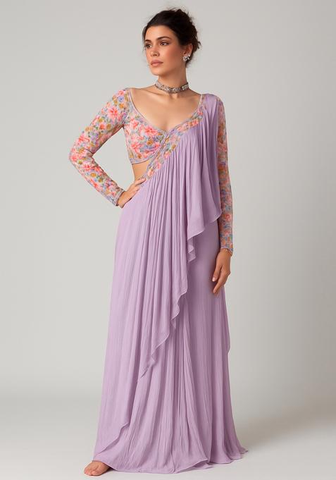 Lilac Embroidered Blouse Georgette Pre Draped Saree Set