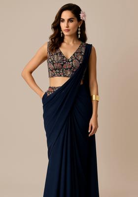 Navy Blue Embroidered Blouse Georgette Pre Drapped Saree Set