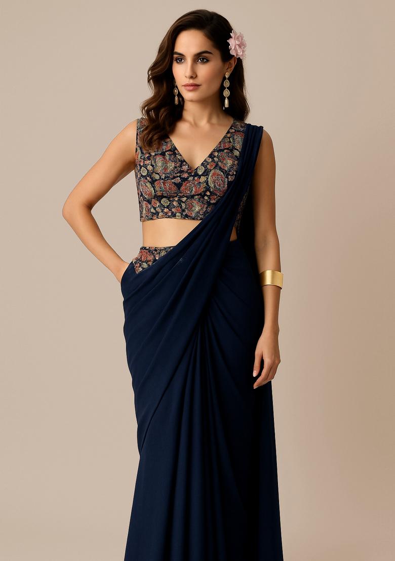 Navy Blue Embroidered Blouse Georgette Pre Draped Saree Set