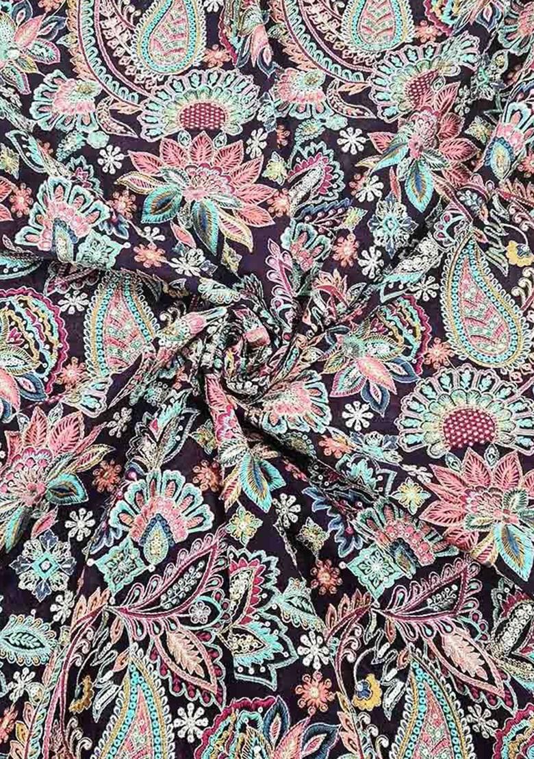 Navy Blue Embroidered Blouse Georgette Pre Draped Saree Set