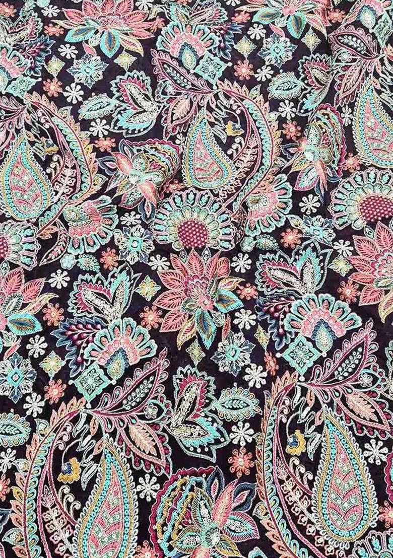 Navy Blue Embroidered Blouse Georgette Pre Draped Saree Set