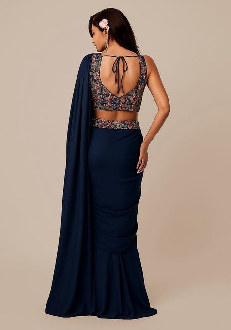 Navy Blue Embroidered Blouse Georgette Pre Draped Saree Set