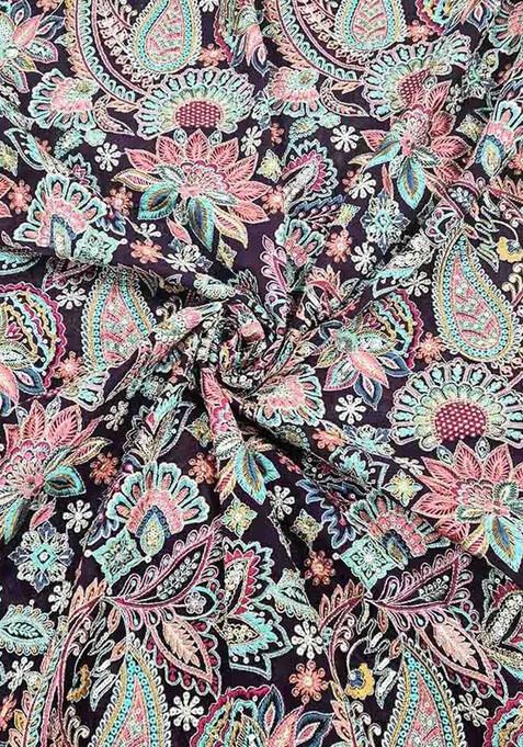 Navy Blue Embroidered Blouse Georgette Pre Draped Saree Set