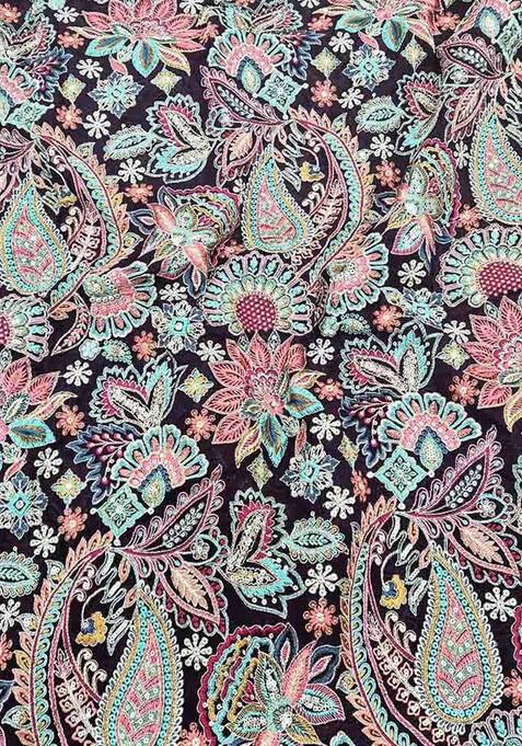 Navy Blue Embroidered Blouse Georgette Pre Draped Saree Set