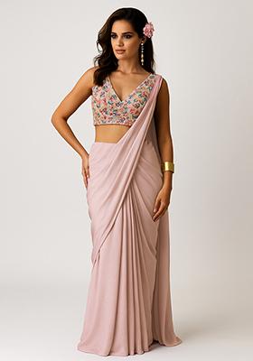 Ivory Embroidered Blouse Georgette Pre Draped Saree Set