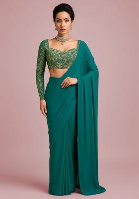 Green Embroidered Blouse Georgette Pre Drapped Saree Set