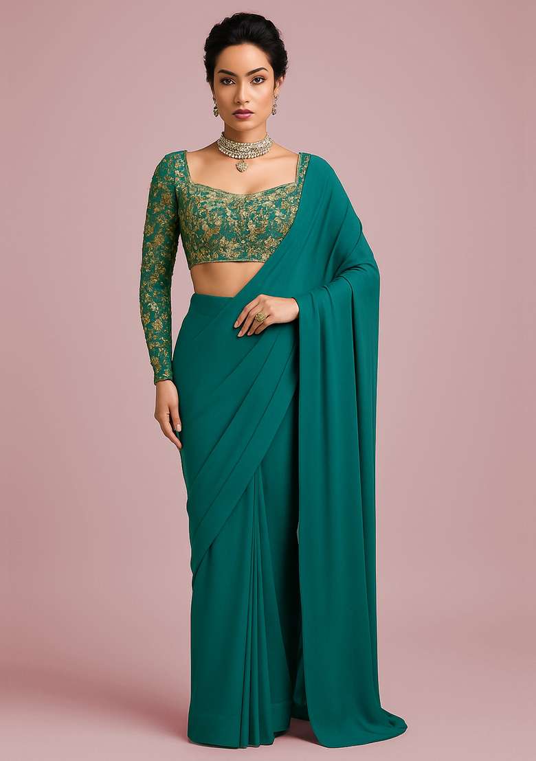 Green Embroidered Blouse Georgette Pre Draped Saree Set - Indya