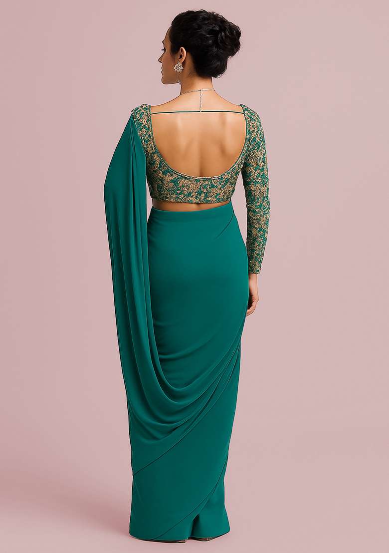 Green Embroidered Blouse Georgette Pre Draped Saree Set - Indya