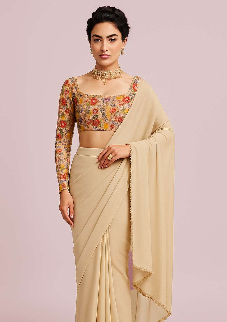 Cream Embroidered Blouse Georgette Pre Draped Saree Set - Indya