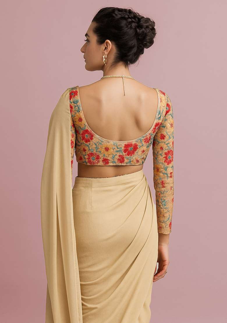 Cream Embroidered Blouse Georgette Pre Draped Saree Set - Indya