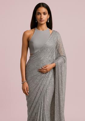 Grey Sequin Embroidered Net Pre Draped Saree Set