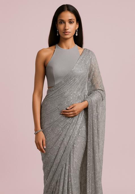 Grey Sequin Embroidered Net Pre Draped Saree Set