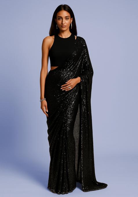 Black Sequin Embroidered Net Pre Draped Saree Set
