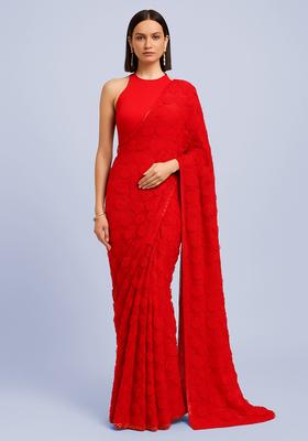 Red Embroidered Net Pre Draped Saree Set
