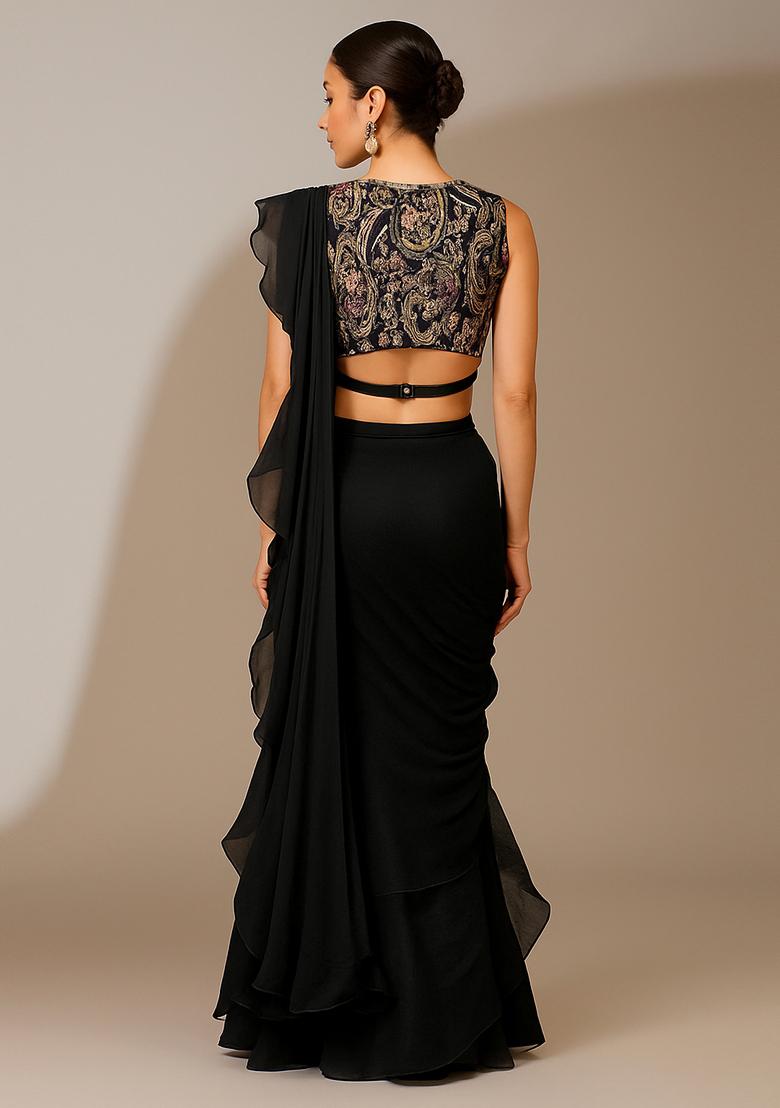 Black Embroidered Blouse Georgette Pre Draped Saree Set