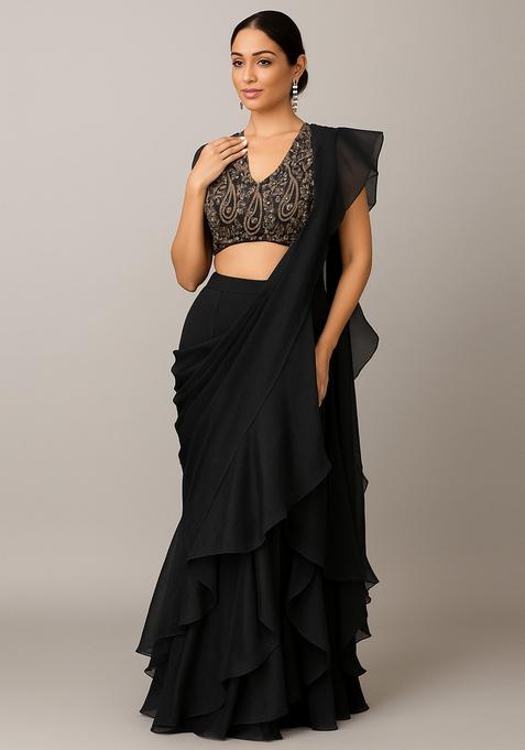 Black Embroidered Blouse Georgette Pre Draped Saree Set