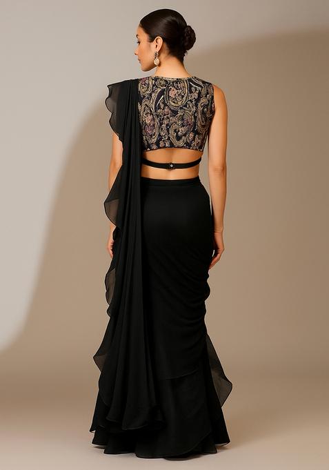 Black Embroidered Blouse Georgette Pre Draped Saree Set