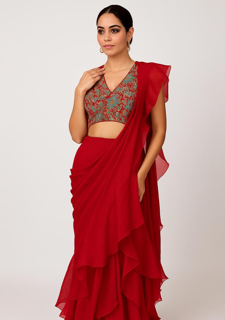 Red Embroidered Blouse Georgette Pre Draped Saree Set