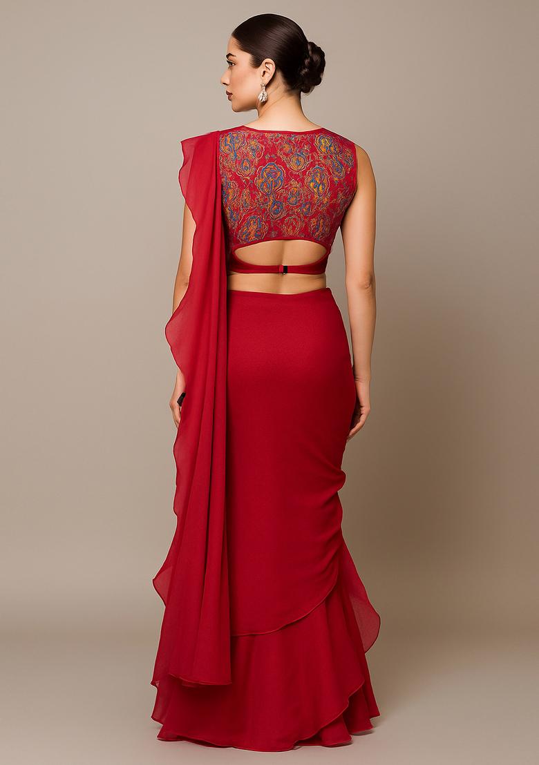 Red Embroidered Blouse Georgette Pre Draped Saree Set