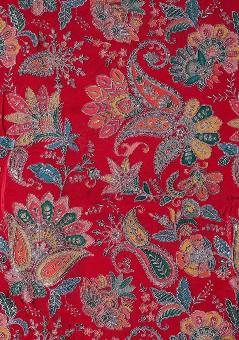 Red Embroidered Blouse Georgette Pre Draped Saree Set