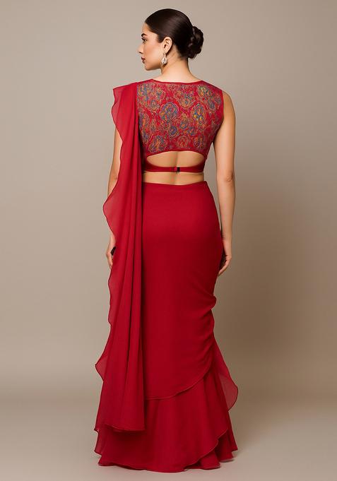 Red Embroidered Blouse Georgette Pre Draped Saree Set