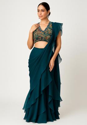 Turquoise Blue Embroidered Blouse Georgette Pre Draped Saree Set