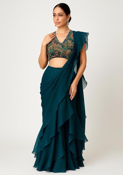 Turquoise Blue Embroidered Blouse Georgette Pre Draped Saree Set