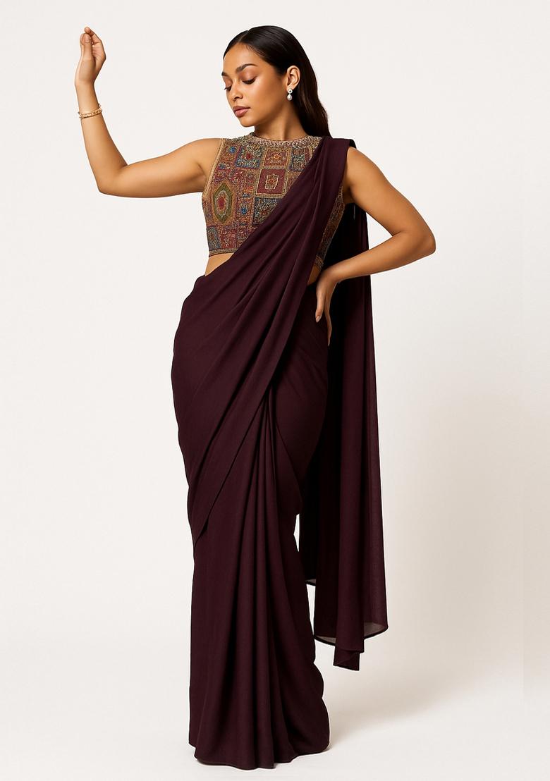 Wine Embroidered Blouse Georgette Pre Draped Saree Set