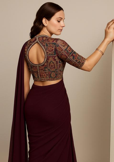 Wine Embroidered Blouse Georgette Pre Draped Saree Set