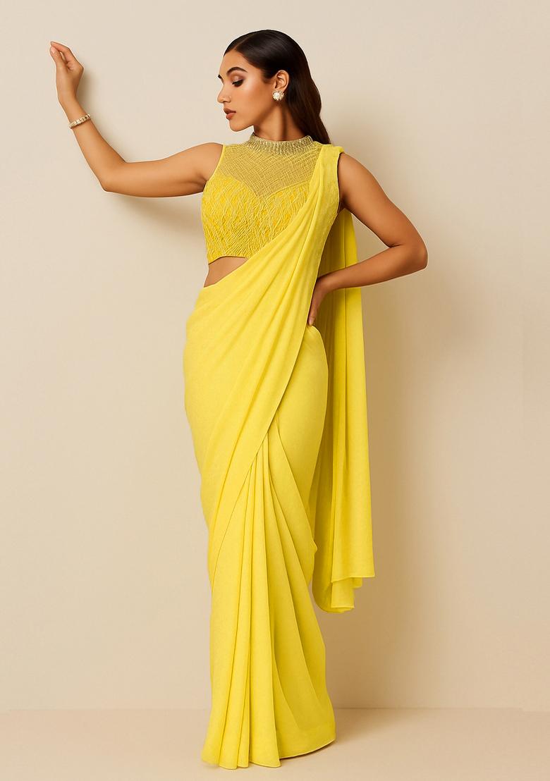 Yellow Sequin Embroidered Blouse Georgette Pre Draped Saree Set