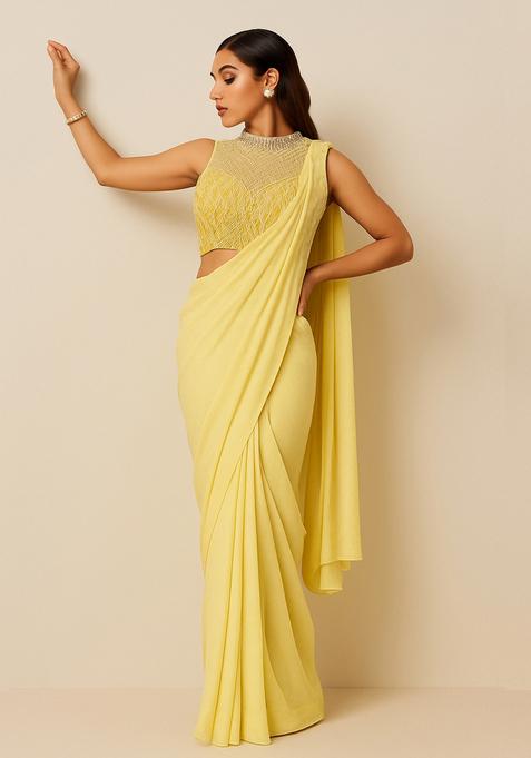 Yellow Sequin Embroidered Blouse Georgette Pre Draped Saree Set