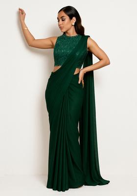 Green Sequin Embroidered Blouse Georgette Pre Draped Saree Set