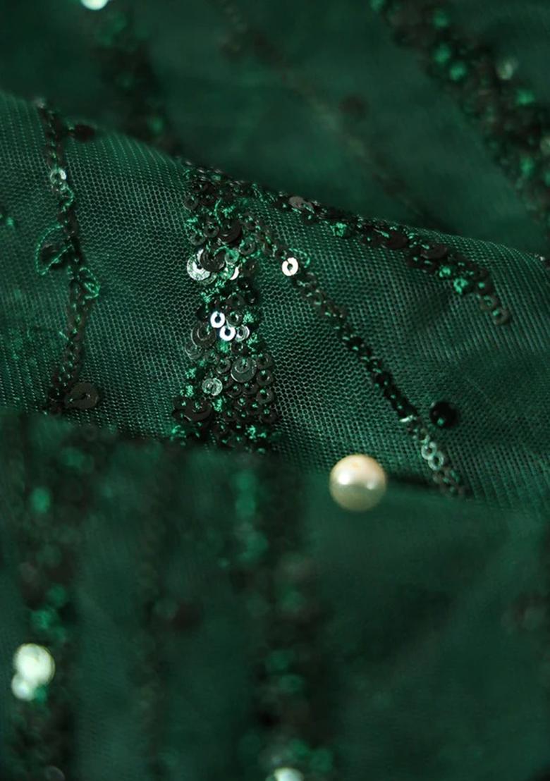 Green Sequin Embroidered Blouse Georgette Pre Draped Saree Set