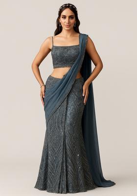 Grey Sequin Embroidered Soft Net Pre Draped Saree Set