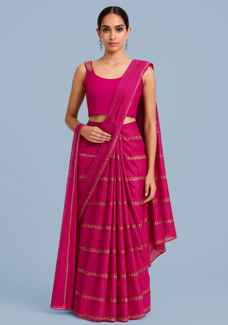 Magenta Embroidered Tissue Pre Draped Saree Set