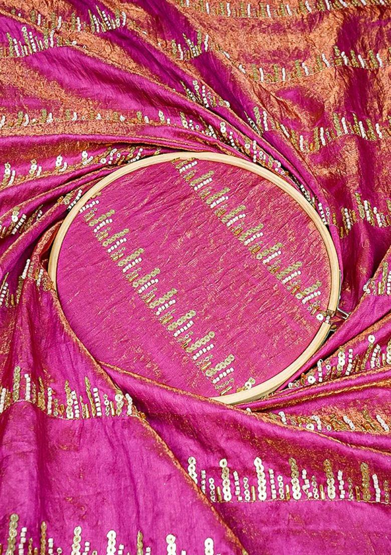 Magenta Embroidered Tissue Pre Draped Saree Set