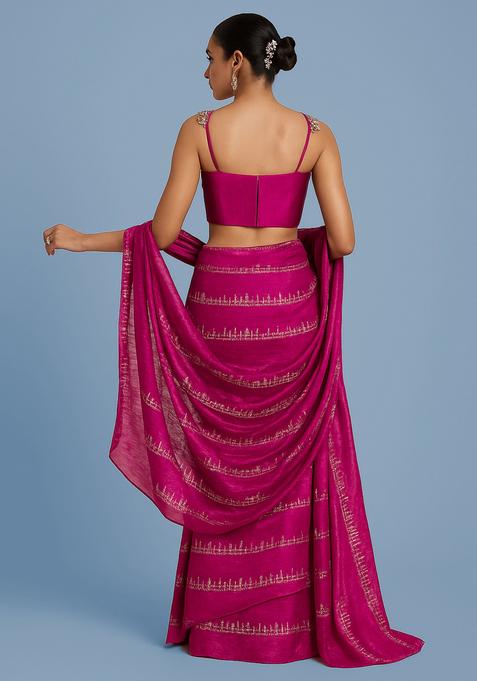 Magenta Embroidered Tissue Pre Draped Saree Set