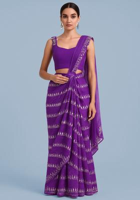 Purple Embroidered Tissue Pre Drapped Saree Set