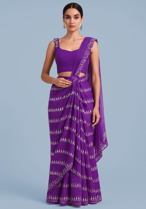 Purple Embroidered Tissue Pre Draped Saree Set