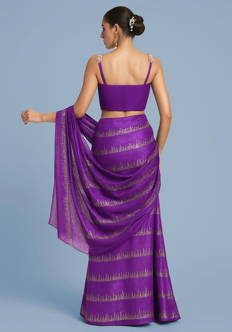 Purple Embroidered Tissue Pre Draped Saree Set