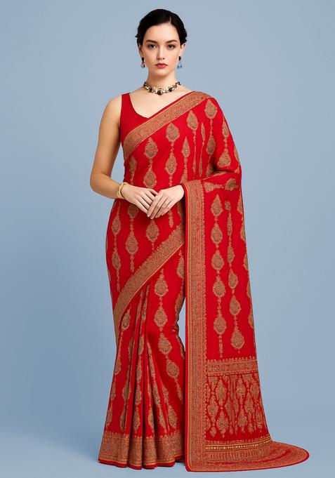 Rani Pink Sequin Embroidered Georgette Pre Draped Saree Set